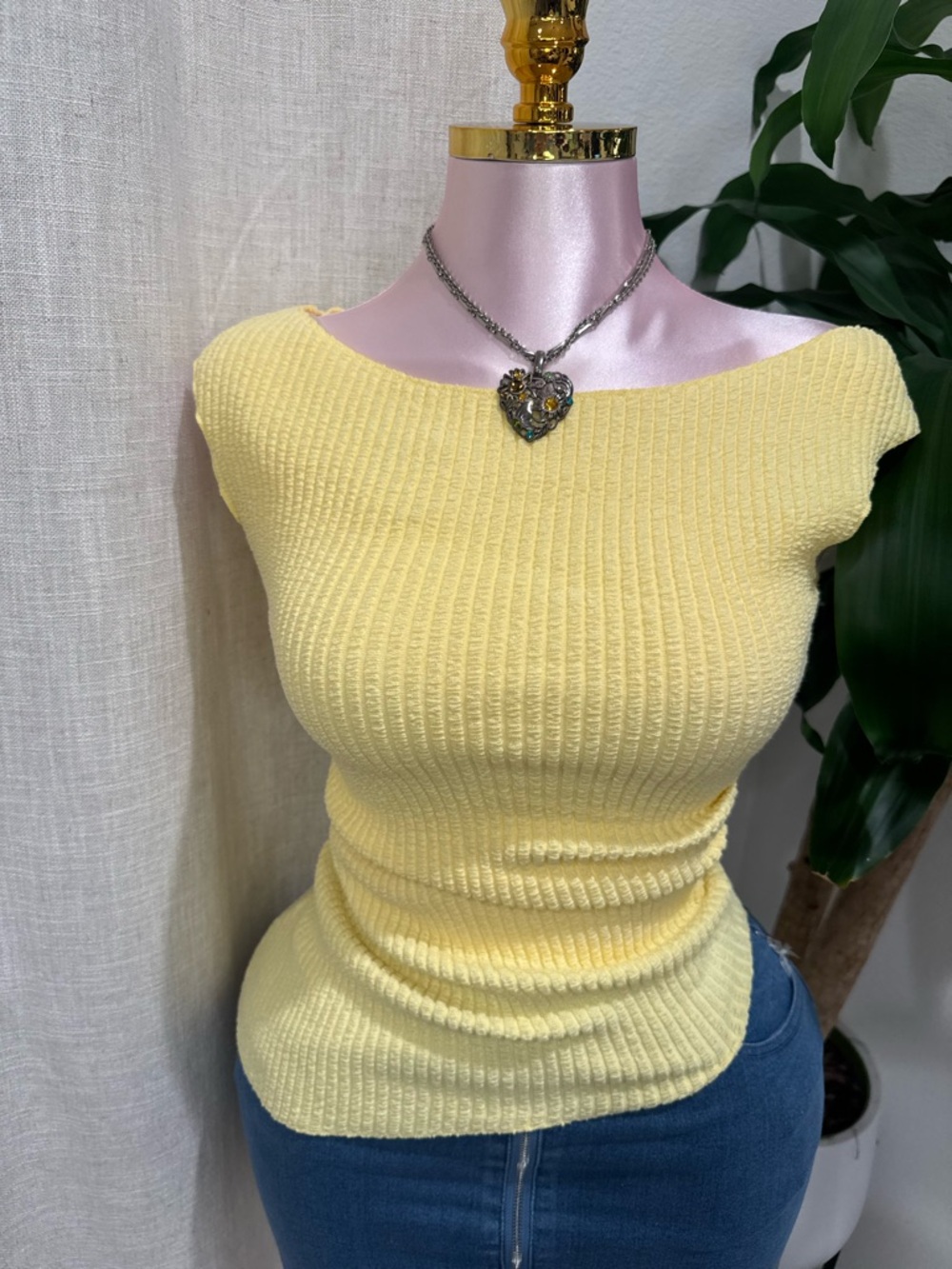 Active USA Pale Yellow Ribbed Boatneck Top